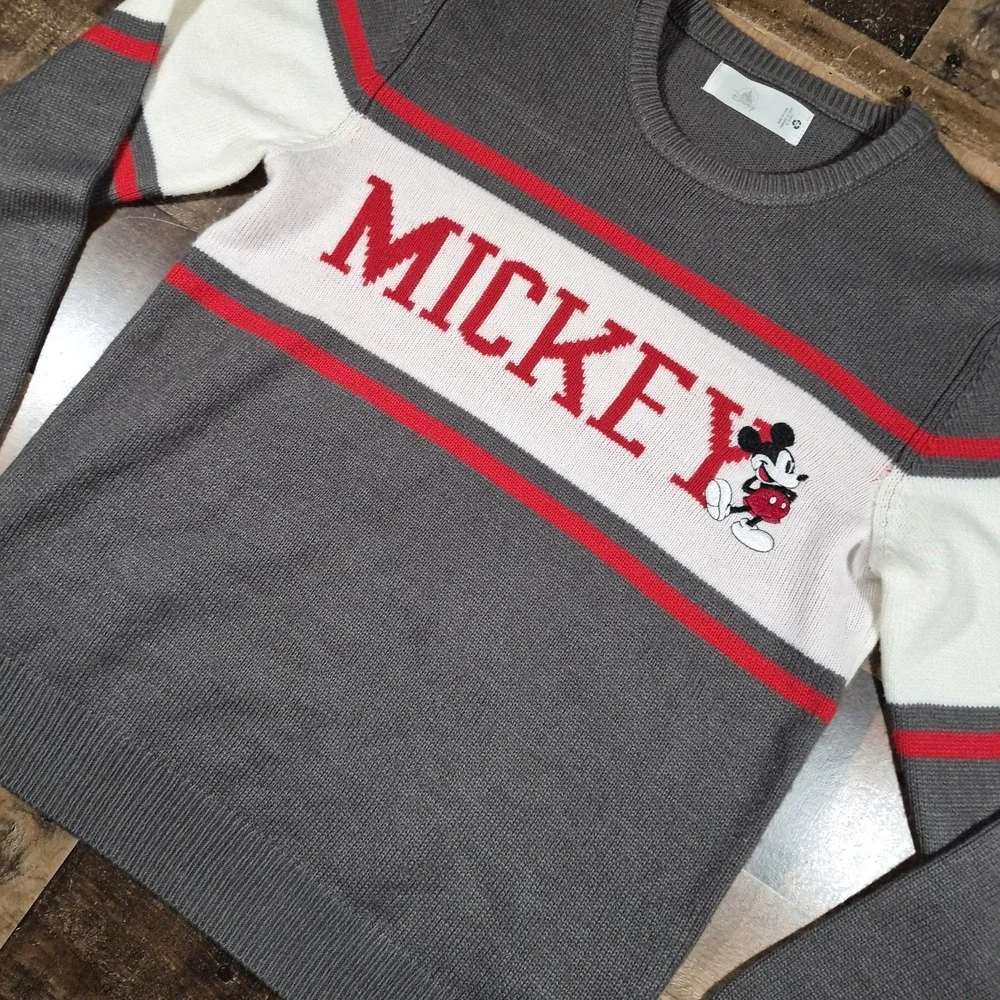 Disney Mickey Mouse Sweater Mens Medium Gray Varsity Block Embroidered Park